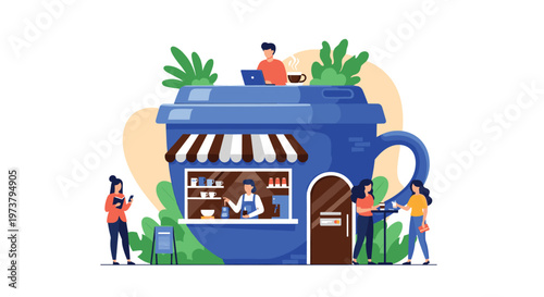 Coffee shop concept house shaped like a giant blue cup with people enjoying drinks and snacks outside on a sunny day.
