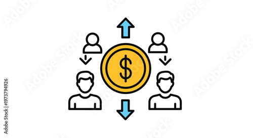 Financial transaction icon showing a gold dollar coin with arrows pointing to and from people silhouettes in flat style.