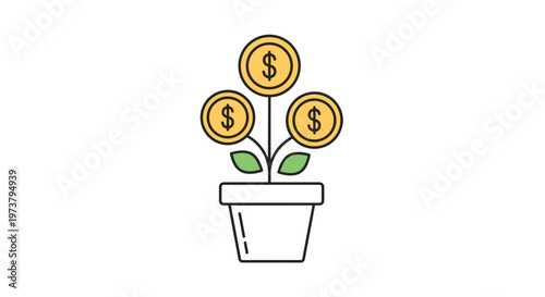 Potted plant with growing gold coins instead of leaves representing financial growth and successful investment strategies.