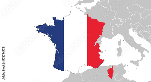 Map of France featuring the national tricolor flag colors situated within a grey silhouette of the European continent.