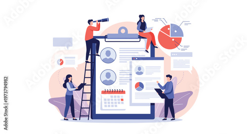 Recruitment team organizing employee profiles and calendar tasks on a giant clipboard for efficient human resources planning.