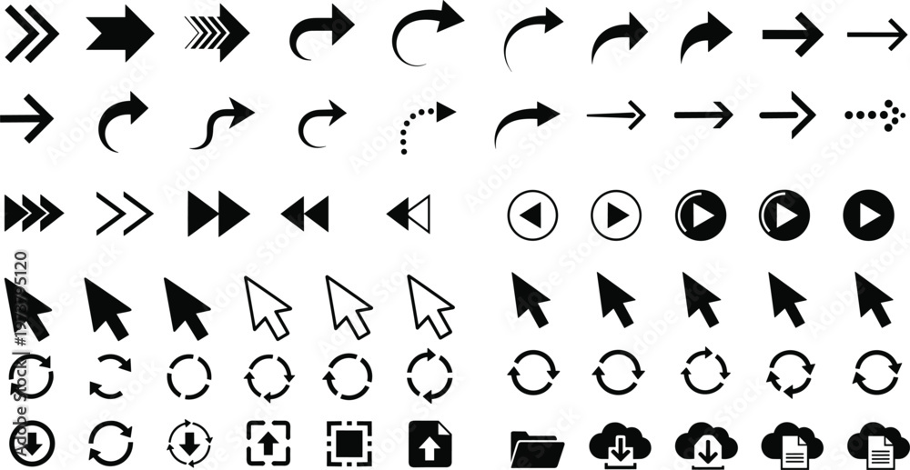 Fototapeta premium Collection of various arrows and cursor icons for web and interface design.