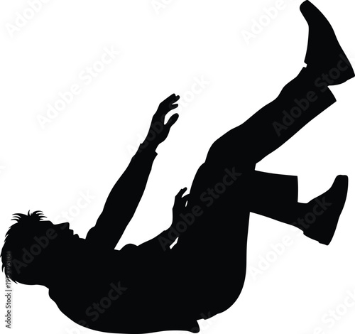 Silhouette of person falling down with arms outstretched on transparent background.