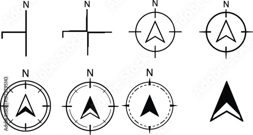 Compass and directional arrow icons for navigation and orientation, various styles in black and white.
