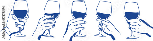 Wine glasses, hand holding wineglasses, blue illustrations, drinking gestures isolated on Transparent Background