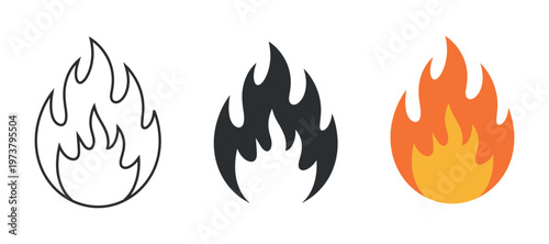 A set of three vector flame icons in different styles and colors