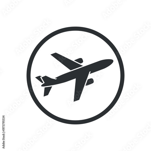 Vector graphic illustration of airplane in a circle, symbolizing travel and aviation, with a sleek design and modern aesthetic, perfect for icons and logos.