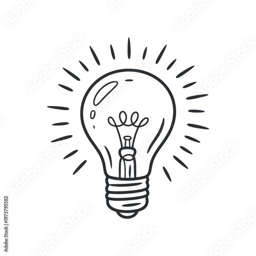 A simple line drawing of a glowing light bulb with rays