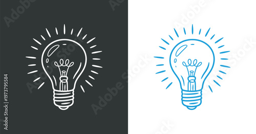 Vector graphic illustration of two lightbulb designs with rays on dark and light backgrounds