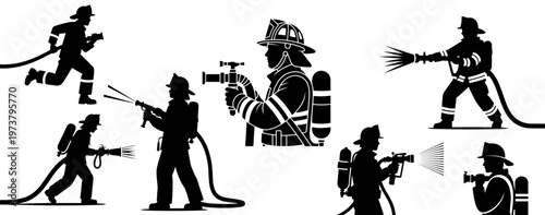 Set of firefighter with hose silhouettes in action poses, fire rescue and emergency response concept, isolated black figures for safety poster or banner design
