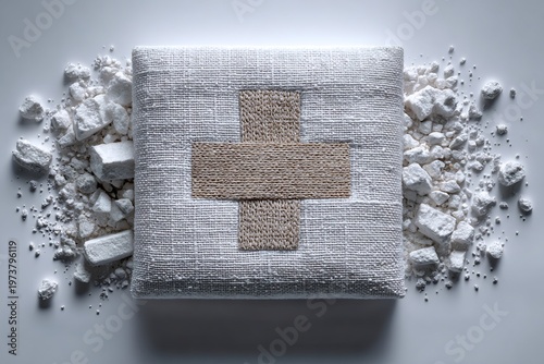 First Aid Kit on White Background with Broken White Pills