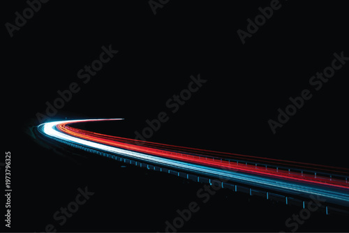 Curved highway glowing with red and blue light trails at night, symbolizing high-speed travel and futuristic motion. 