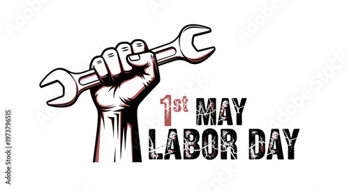 Labor day celebration with a raised fist holding a wrench