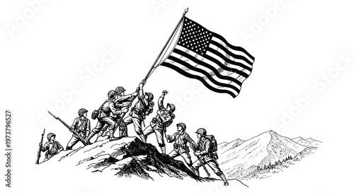 Soldiers raising the american flag on a mountain