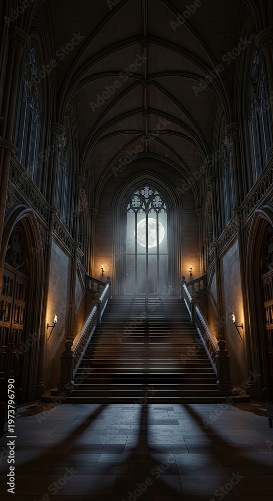 Obraz premium Grand stone staircase ascends toward a large moonlit window inside a gothic hall