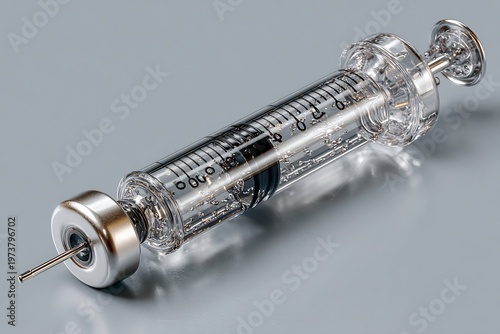 Medical Syringe with Needle on Gray Background Close-up
