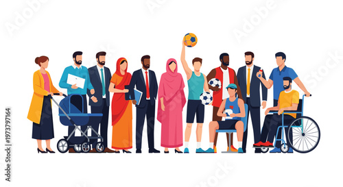 Diverse group of people from different ethnicities, cultures, occupations, and abilities standing together in a long horizontal row.