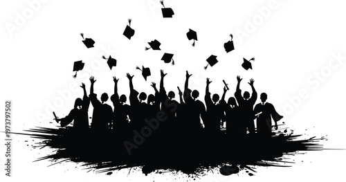 Black silhouette of joyful graduates throwing mortarboard caps into the air celebrating graduation, academic achievement, success, and future career opportunities