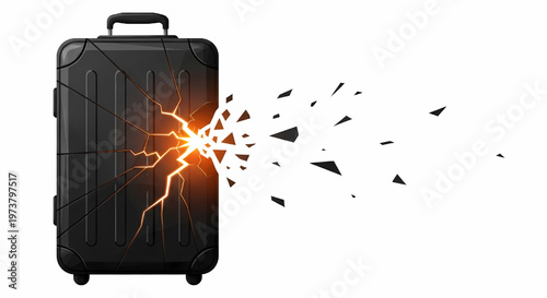 Black suitcase exploding with lightning and debris on white background symbolizing travel chaos and destruction its illustration only