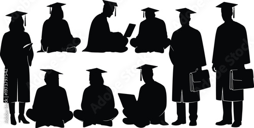 Black silhouette group of graduates in caps and gowns celebrating by throwing mortarboards and holding books symbolizing academic achievement and future careers