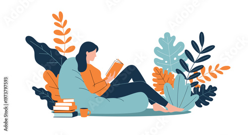 Young woman sitting comfortably on a bean bag chair while reading a book surrounded by lush tropical houseplant leaves.