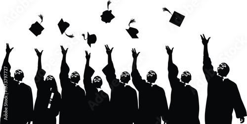 Silhouetted graduates studying, celebrating, teaching, and ranking achievements, symbolizing academic success, education journey, and joyful milestone accomplishments