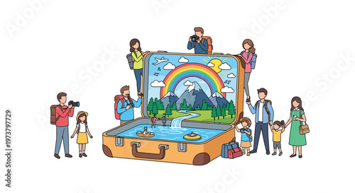 Large open suitcase revealing a mountain landscape with a rainbow as tiny travelers take photos and explore the scenic view.