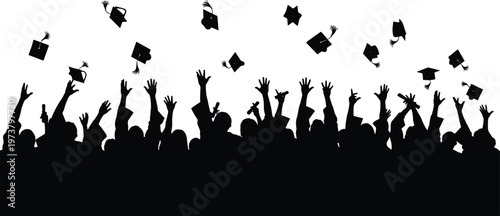 Silhouetted crowd of graduates joyfully throwing caps into the air, celebrating academic achievement, unity, and milestone success at commencement ceremony