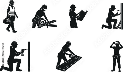 Set of female construction workers in various work activities and tasks on white background