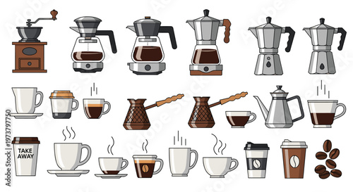 Comprehensive collection of coffee equipment including espresso makers, carafes, various cups of coffee, and roasted beans.