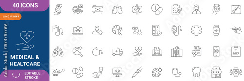 Medical & Healthcare icon set. Containing medical, pharmacy, cardiology, doctor, nurse, insurance, test tube and etc. Editable stroke. Vector illustration