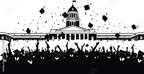 Large group of graduates tossing caps in front of classical dome building, symbolizing academic achievement, education, unity, and milestone celebration