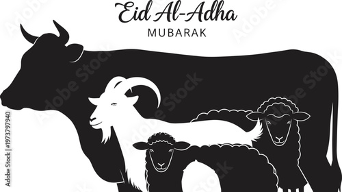 Black silhouette illustration of cow, goat, and sheep with Eid Al‑Adha Mubarak text, symbolizing Islamic festival sacrifice and celebration tradition