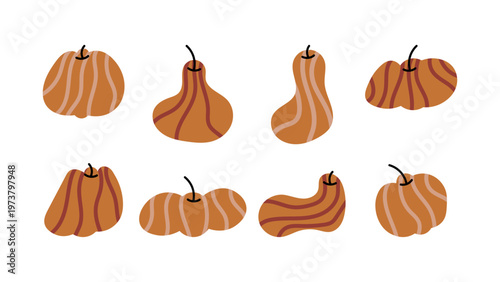 Cartoon pumpkin sticker set in retro groovy style. Abstract striped pumpkins with organic shapes and hand-drawn lines. Minimal autumn doodle collection for seasonal stickers and cozy fall aesthetics.