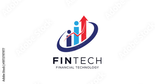 Modern fintech logo featuring a rising red arrow over a blue bar chart enclosed in a circular swoosh for financial growth.