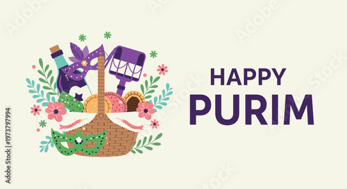 Festive Happy Purim greeting featuring a traditional gift basket filled with wine, hamantaschen cookies, masks, and noise makers.