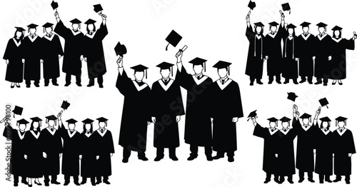Black and white illustration of diverse graduate groups celebrating academic success with caps and gowns, symbolizing achievement, education, and milestone completion
