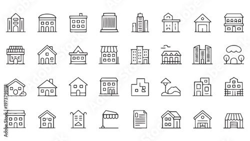 Architecture Building and Landmark Icon Set for Real Estate, Urban Planning App Interface Design and Property Development Projects
