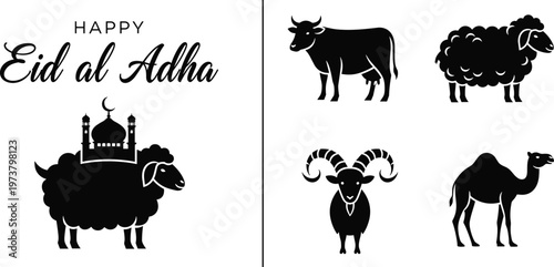 Black and white Eid al Adha illustration featuring mosque silhouette, sheep, cow, goat, and camel, symbolizing Islamic festival sacrifice tradition