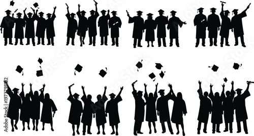 Black and white silhouette illustration of graduates in caps and gowns celebrating academic success, tossing diplomas and caps during ceremony