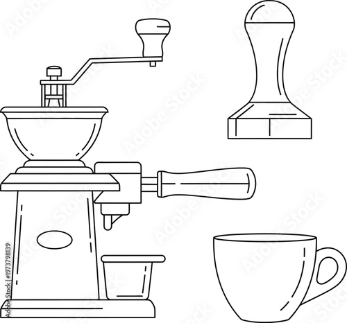 Minimalist Line Art of Vintage Coffee Grinder Tamper and Espresso CupMinimalist Line Art of Vintage Coffee Grinder Tamper and Espresso Cup