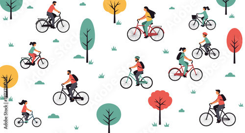 Seamless pattern of diverse people riding various bicycles through a minimalist park with colorful stylized trees and grass.
