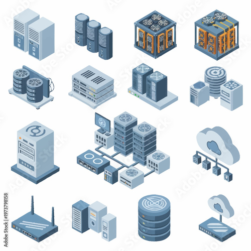 Collection of computer servers and hardware.