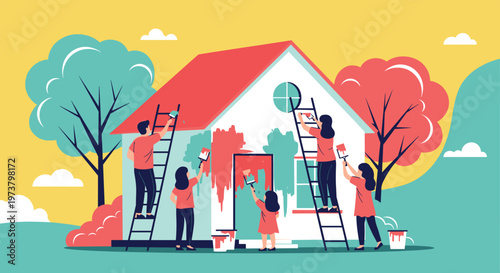 Group of people working together to paint a house in vibrant colors using ladders in a minimalist outdoor setting.