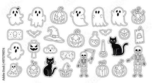 Comprehensive set of black and white Halloween stickers featuring spooky ghosts, black cats, skeletons, and carved pumpkins.