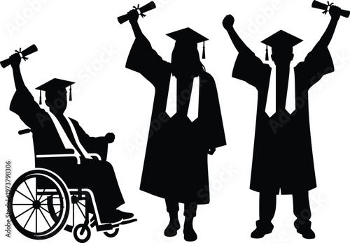 Graduates celebrating success, including a person in a wheelchair, holding diplomas and wearing caps.