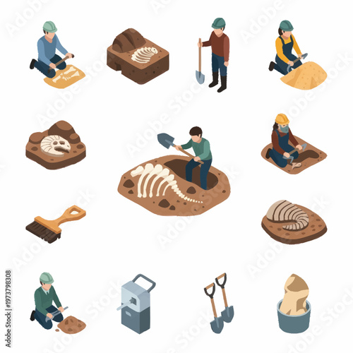 People working with dinosaur bones excavation.