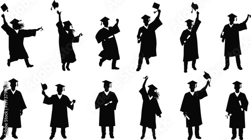 Silhouette collection of graduates in caps and gowns with diverse celebratory poses, symbolizing education success, academic achievement, and joyful milestone