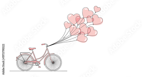 Pink bicycle carrying a large bunch of heart-shaped balloons in a minimalist line art style on a white background.