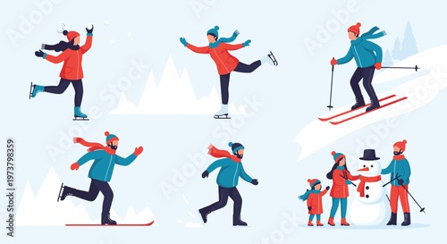 Set of people enjoying outdoor winter activities like skiing, ice skating, and building a snowman on a snowy day.